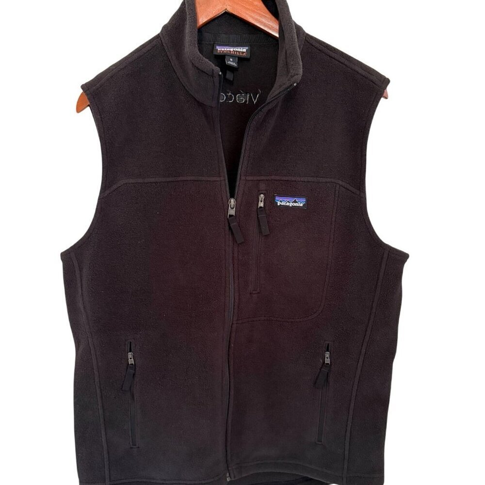 Patagonia Mens Black Synchilla Fleece Vest With Zippered Pockets & High Collar S